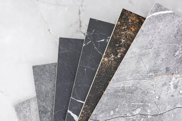 stock image Porcelain stoneware factory produces a variety of tile thicknesses and size.