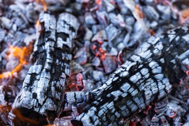 Yanan odun Yakacak odun yanıyor. Ateş dilleri. turuncu alev. Şenlik. Odun ateşinde pişirme. Yakacak odun barbekü yapmak için yanıyor.