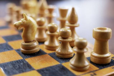 Satranç tahtasındaki tahta satranç taşları. Entelektüel oyun - Satranç. Tahtadaki satranç taşları.