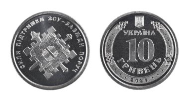 2022 Ukrayna yapımı 10 hryvnia madeni parasının yüzü ve tersi. Dolaşım halindeydi ve beyaz arka planda küçük çizikler ve çizikler vardı.