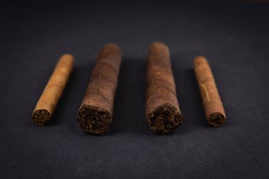 Esmer arka planda tütün yapraklarına sarılı purolar.