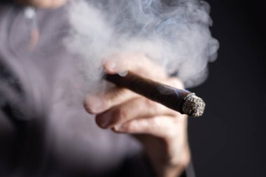 Küba purosu içen ve elinde puro tutan bir adam.,