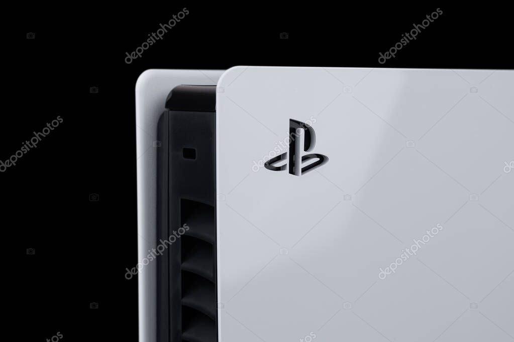 Dnipro Ukraine - dec 29, 2024: New Playstation 5 slim models logo on black background.