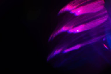 Bulanık neon ışık. Mercek alevi kaplaması. Bokeh floresan flaş parıltısı. Koyu siyah soyut arkaplanda odaklanmış mavi mor renk lekeleri.
