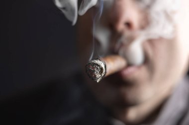 Küba purosu içen ve elinde puro tutan bir adam.,