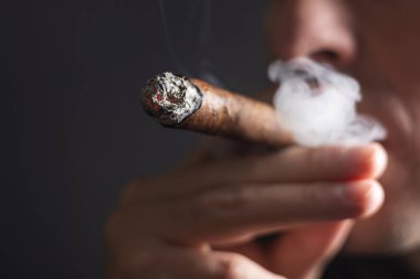 Küba purosu içen ve elinde puro tutan bir adam.,