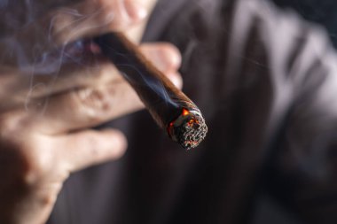 Küba purosu içen ve elinde puro tutan bir adam.,