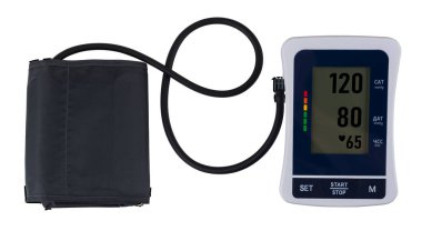 Modern tonometre mavi arkaplanda, basınç 120 ila 80 arası..