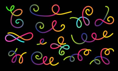 Neon Renk Gradyan çizgileri. Dalgalı elementlerle karalama çizgisi. Koyu arkaplanda soyut organik dinamik renkli şekiller