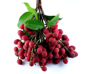 Lezzetli görünen bir grup kırmızı Nephelyum hipoleucum beyaz arka planda birbirine bağlıdır..