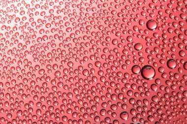 Yumuşak pembe bir yüzey üzerinde çeşitli boyutlarda yuvarlak su damlacıkları ilginç bir örüntü oluşturur..