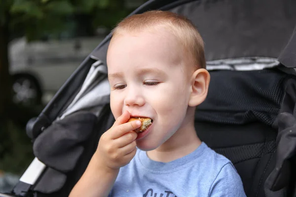 stock image 2 year old child eats a bun while sitting in a stroller