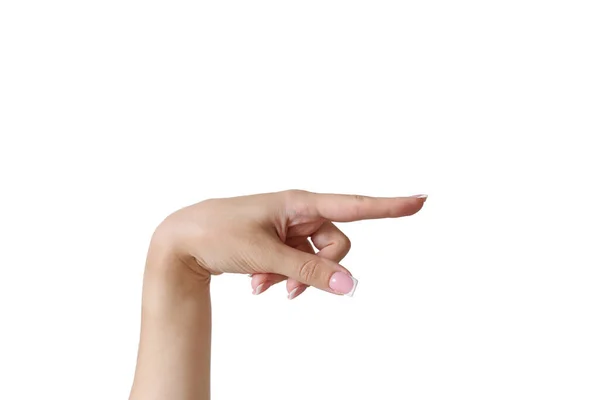 Beyaz Arka Plandaki Bir Şeye Işaret Parmağını Gösteren Bir Hareketle — Stok fotoğraf