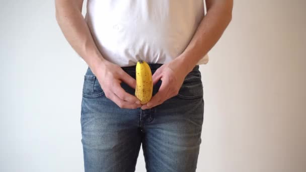 Man Holds Banana Groin Area Problems Prostate Age Intimate Problems — Stock Video