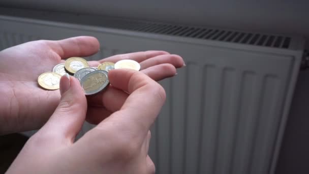 Woman Hold Money Heating Radiator Rising Utility Bills Crisis Expensive — Video