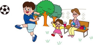 A mother and sister come to watch a soccer game and cheer on their brother on the bench