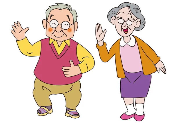 Friendly Healthy Elderly Couple Who Smiles Greets Cheerfully — Stock vektor
