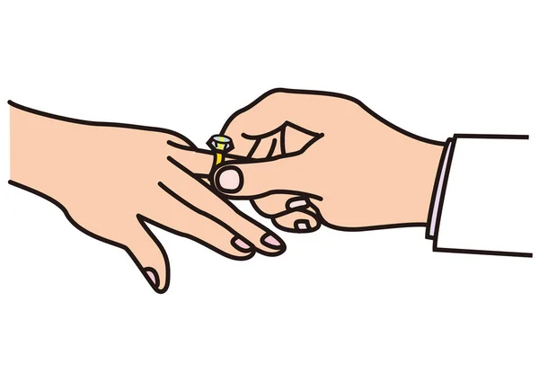 Bruidegom Hand Een Trouwring Ringvinger Van Bruid Doen Bij Een — Stockvector