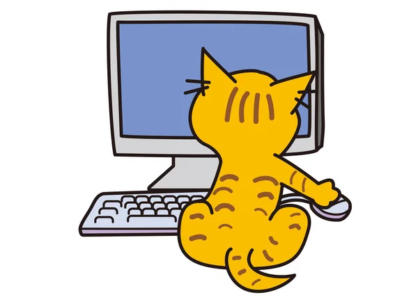 Visszapillantás Egy Kisállat Macska Néz Egy Számítógép Képernyőjén Manipulálja Egeret — Stock Vector