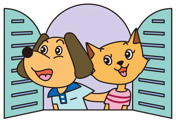 2匹の人間型の犬と猫が窓のドアを開けて新しい家を迎える — ストックベクタ