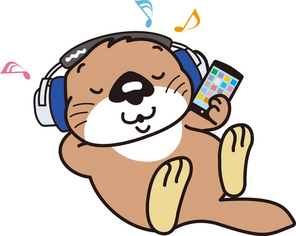 Una Lontra Mare Che Indossa Cuffie Ascolta Musica Uno Smartphone — Vettoriale Stock