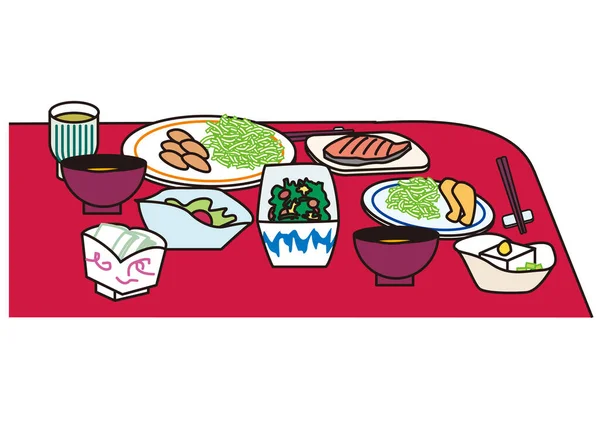 Tipik Bir Japon Yemeği Masada Iki Kişilik Servis Edilir — Stok Vektör