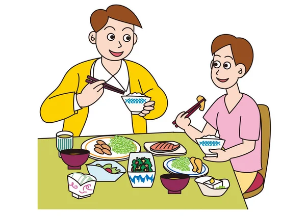 Japon Bir Çift Yemek Çubuğu Kullanıyor Tipik Bir Yemek Yiyorlar — Stok Vektör
