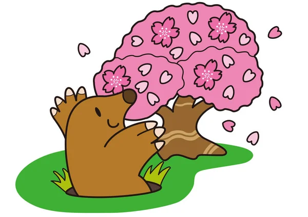 一只鼹鼠从地里钻出来 对着盛开的樱花欢欣雀跃 — 图库矢量图片