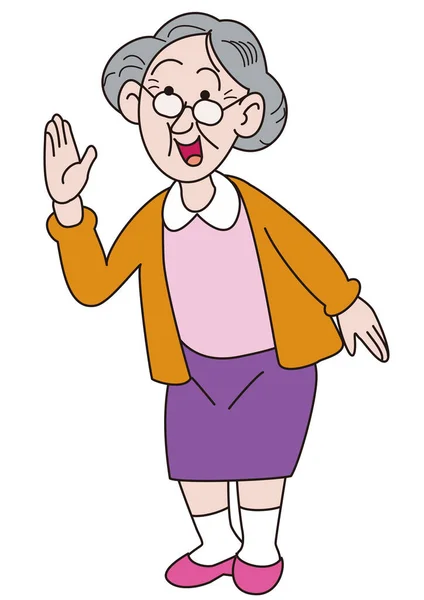 Elderly Woman Who Greets Waving Her Hand Smile — Stock Vector