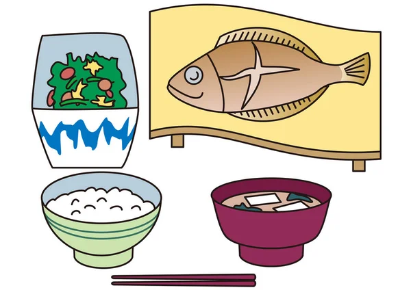 Una Comida Típica Japonesa Con Pescado Parrilla — Vector de stock