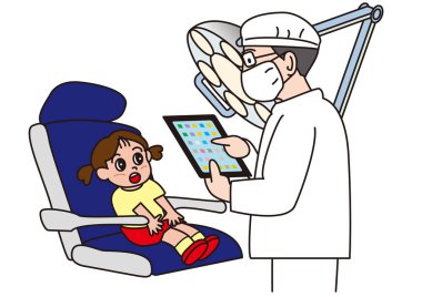 Küçük kız oturmuş tablet kullanarak dişçiyi dinliyor.