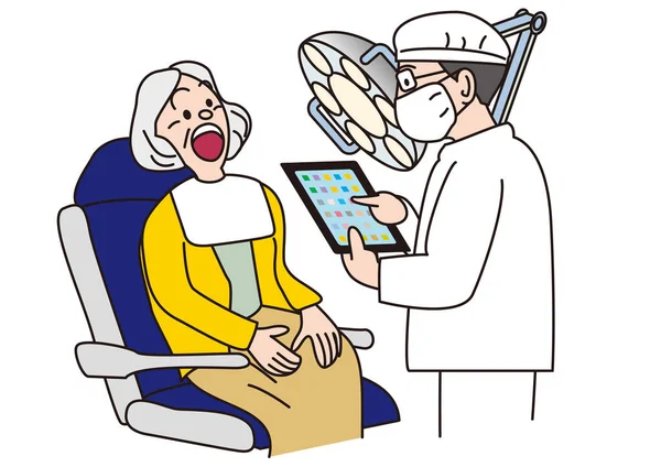 Vecchia Donna Seduta Ascoltare Dentista Utilizzando Tablet — Vettoriale Stock