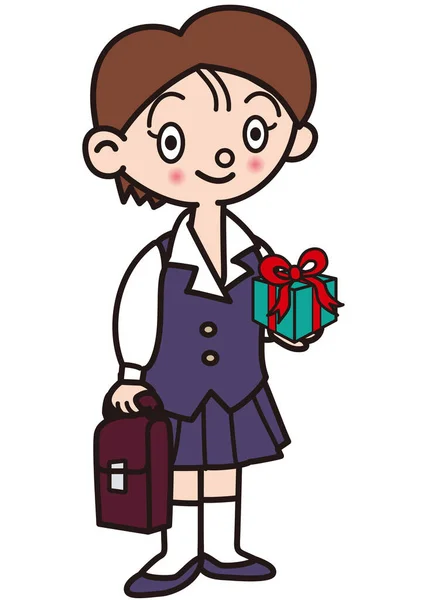 穿着校服 带着礼物的女孩 — 图库矢量图片