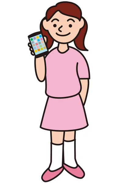 一个拿着智能手机并展示它的女孩 — 图库矢量图片