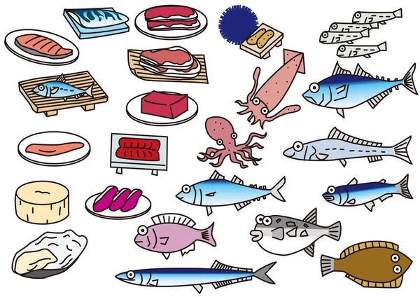 Uma Variedade Ingredientes Frutos Mar Que Comemos Quase Todos Dias — Vetor de Stock