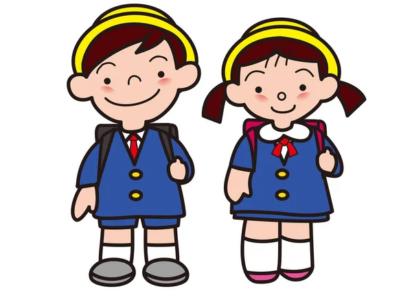 戴安全帽上学的小学男女学生 — 图库矢量图片