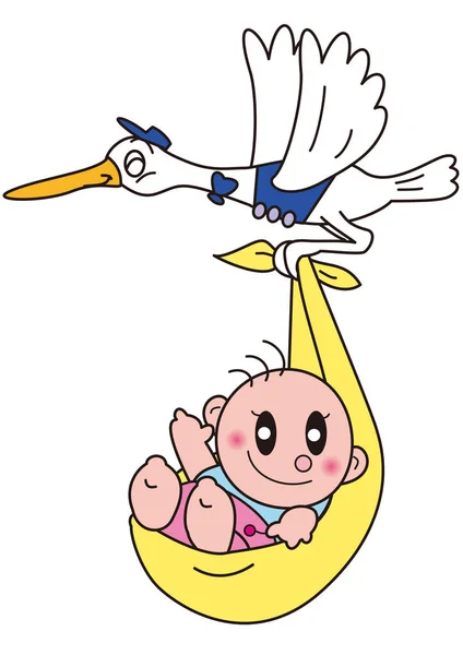 Una Cicogna Che Vola Nel Cielo Portando Bambino — Vettoriale Stock