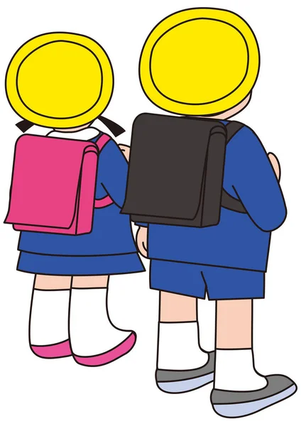 带着书包的小学男女学生的回顾 — 图库矢量图片