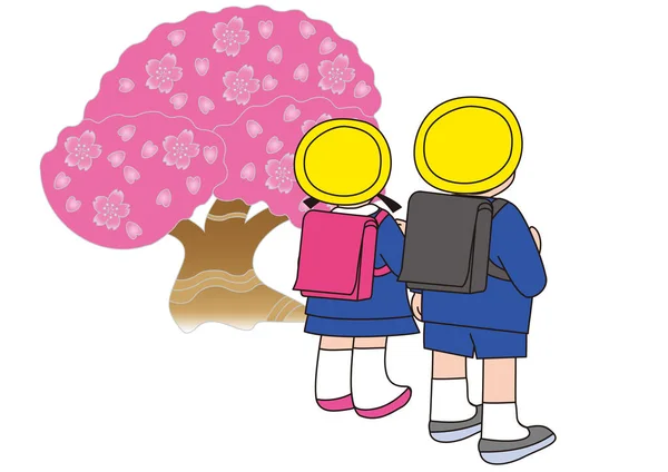 在樱花盛开的季节 一个小学生提着书包上学的背影 — 图库矢量图片