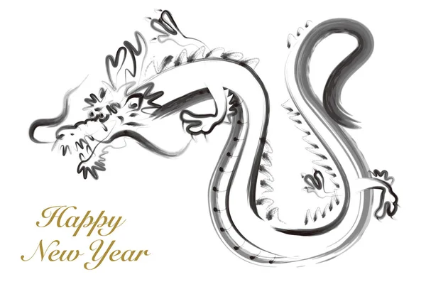 Neujahrskarte Mit Einem Drachen Der Mit Einem Pinsel Gezeichnet Wird — Stockfoto