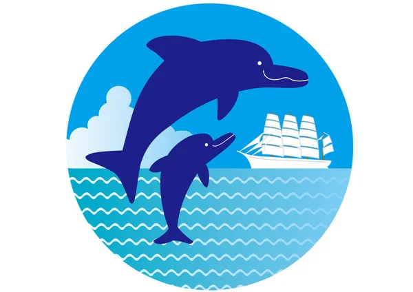 Statek Żaglowy Oraz Rodzic Dziecko Delfinów — Wektor stockowy
