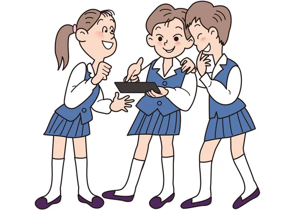 Tres Chicas Secundaria Mirando Una Tableta — Vector de stock