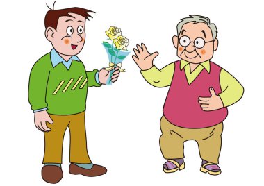 Bir baba, oğlundan Babalar Günü hediyesi olarak beyaz bir gül alır..