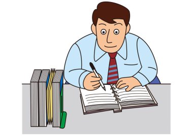 İş adamı ofis masasında günlük çizelgesi yazıyor.