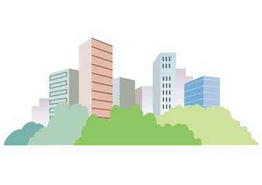 Parkın yeşil alanının ötesinde gökdelenlerle dolu bir ofis bölgesi var..