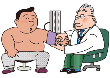 Doktor, obez erkek hastanın kan basıncını ölçüyor.