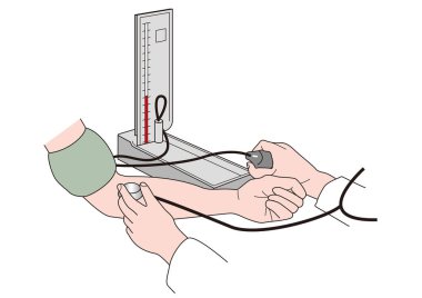 Doktor kan basıncını ölçmek için bir alet kullanıyor.