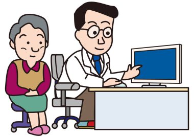 Doktor, bilgisayar ekranına bakan yaşlı kadın hasta semptomlarını açıklıyor.