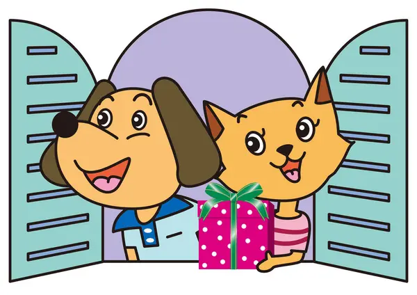 犬と猫のカップルは ウィンドウでプレゼントボックスを受け取ることが幸せです — ストックベクタ