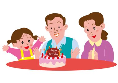 Doğum gününü doğum günü pastasıyla kutlayan ebeveyn ve çocuk